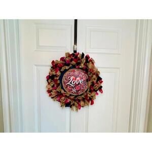 Country Love Wreath New Burlap‎ and Fabric Navy Red Hearts Rope Cowboy Handmade